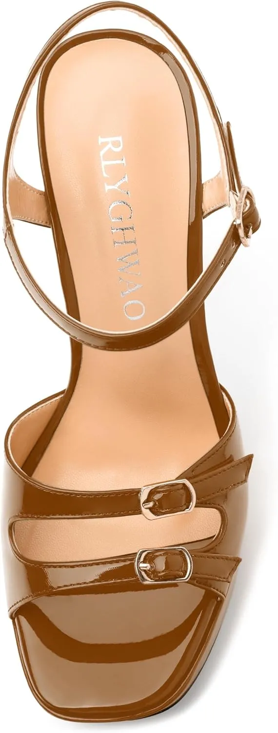 Women's High Heel Platform Sandals - Open Square Toe, Adjustable Buckle Ankle Strap, Versatile Party/Wedding/Daily Shoes