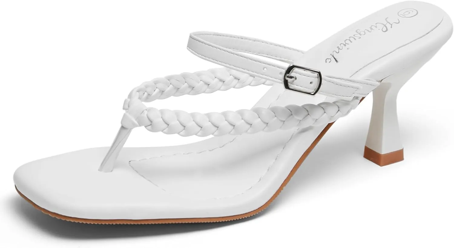 Women's Kitten Heels Open Toe Braided Strappy Heels Sexy Heeled Sandals Square Toe Thong Flip Flop 2 Inch Heel for Women