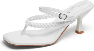 Women's Kitten Heels Open Toe Braided Strappy Heels Sexy Heeled Sandals Square Toe Thong Flip Flop 2 Inch Heel for Women
