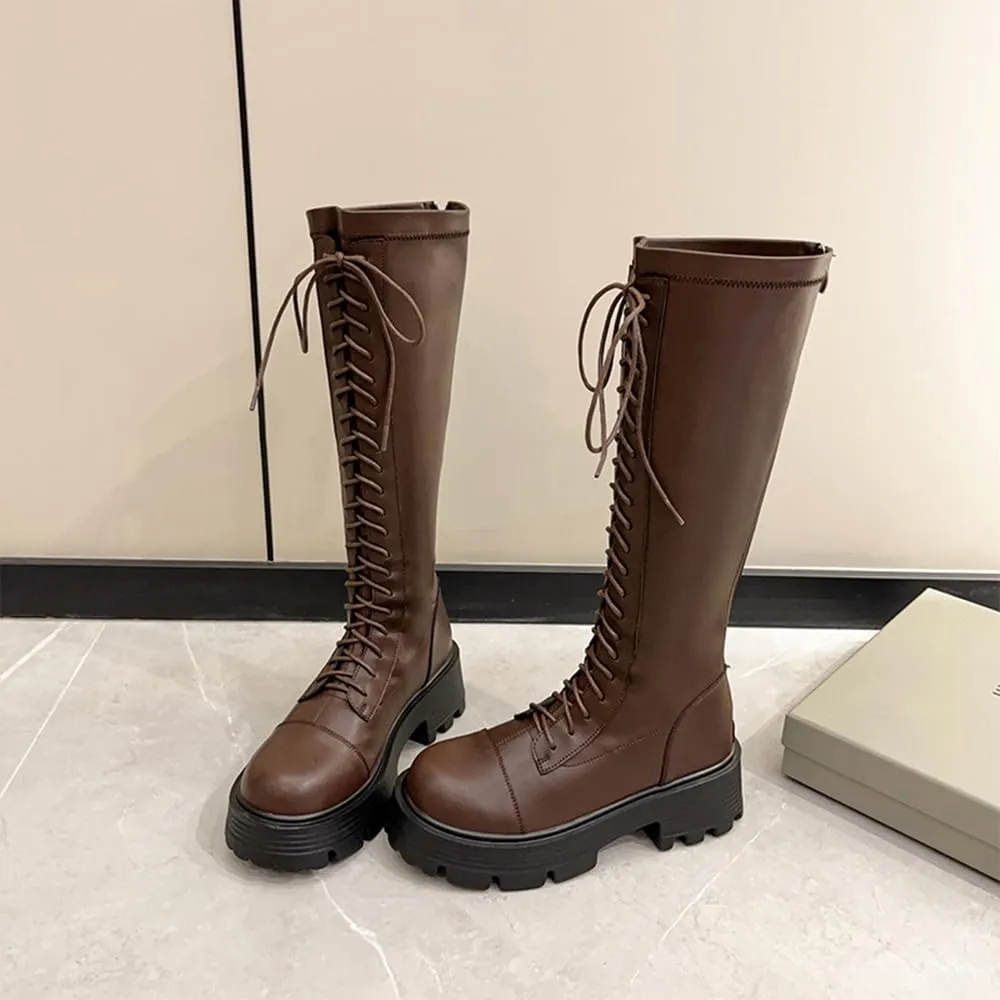 Women's Knee High Boots Goth Punk Platform Lace-up Zip Riding Boots