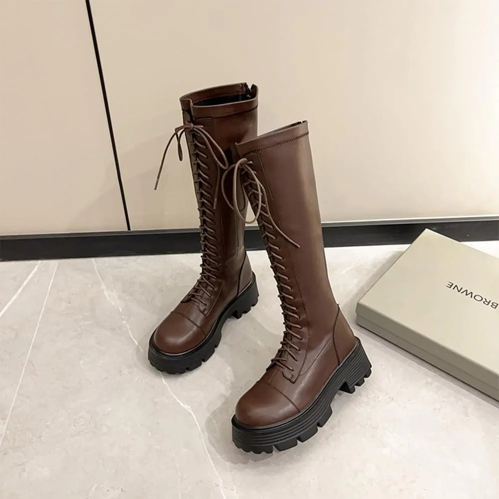Women's Knee High Boots Goth Punk Platform Lace-up Zip Riding Boots