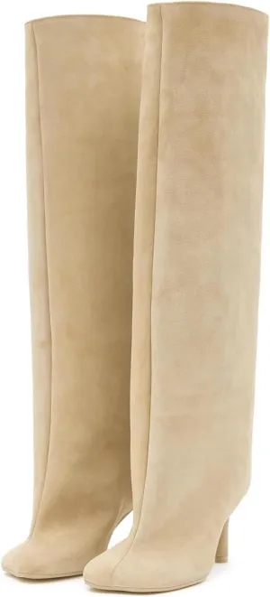 Women's Knee High Boots Green Suede Wide Calf Stiletto Long Booties Square Toe Pull On High Heel Riding Boots for Women Ladies Fashion Dress Tall Boots