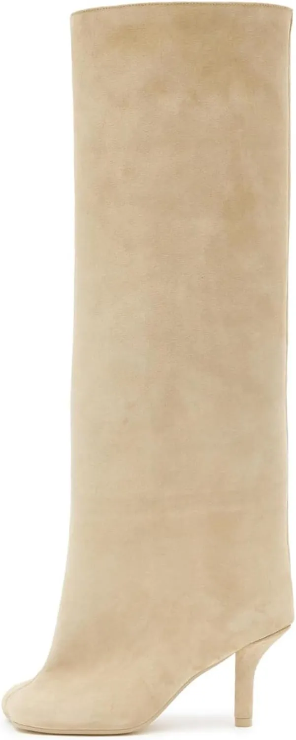 Women's Knee High Boots Green Suede Wide Calf Stiletto Long Booties Square Toe Pull On High Heel Riding Boots for Women Ladies Fashion Dress Tall Boots