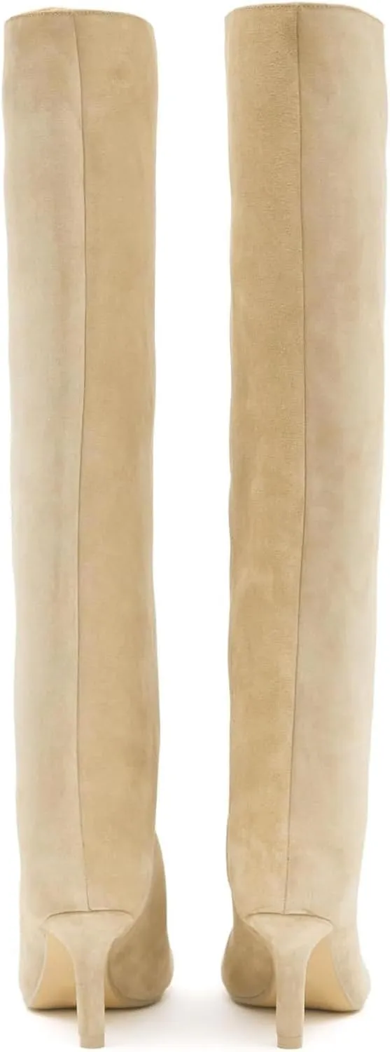 Women's Knee High Boots Green Suede Wide Calf Stiletto Long Booties Square Toe Pull On High Heel Riding Boots for Women Ladies Fashion Dress Tall Boots
