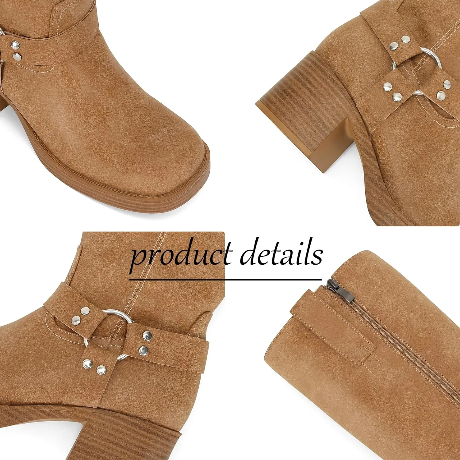 Women's Knee High Riding Boots Round Toe Block Heel Fashion Motorcycle Booties Side Zipper Wide Calf Biker Riding Boots with Studs
