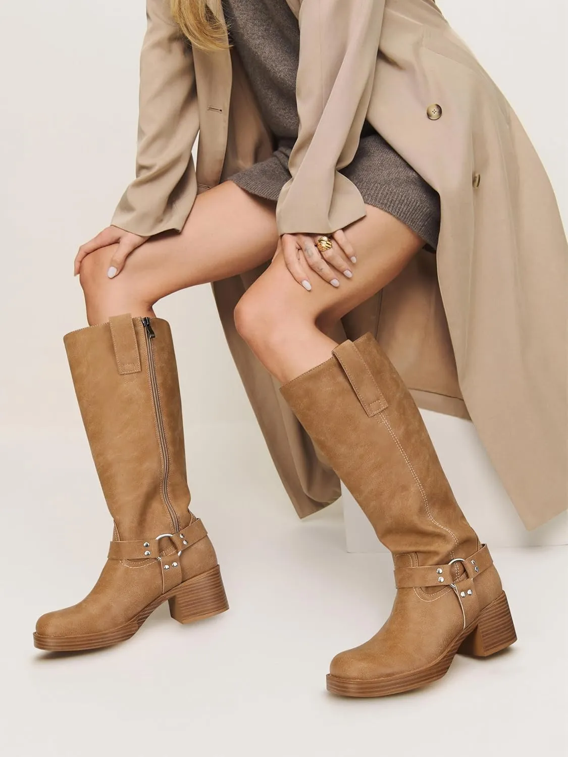 Women's Knee High Riding Boots Round Toe Block Heel Fashion Motorcycle Booties Side Zipper Wide Calf Biker Riding Boots with Studs
