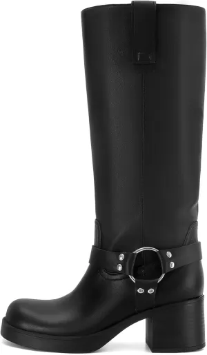 Women's Knee High Riding Boots Round Toe Block Heel Fashion Motorcycle Booties Side Zipper Wide Calf Biker Riding Boots with Studs