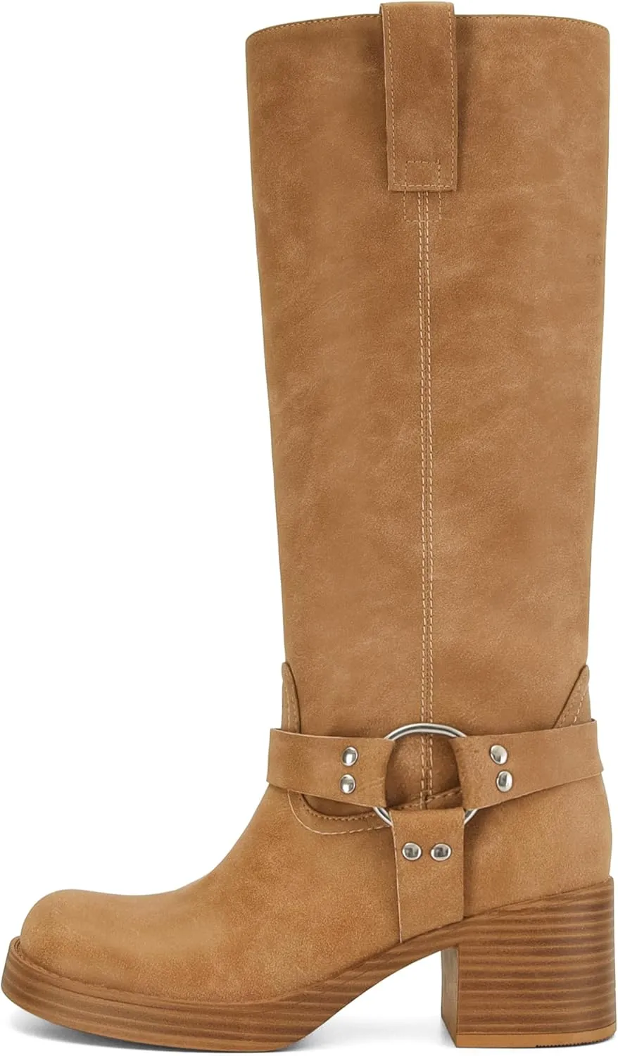 Women's Knee High Riding Boots Round Toe Block Heel Fashion Motorcycle Booties Side Zipper Wide Calf Biker Riding Boots with Studs
