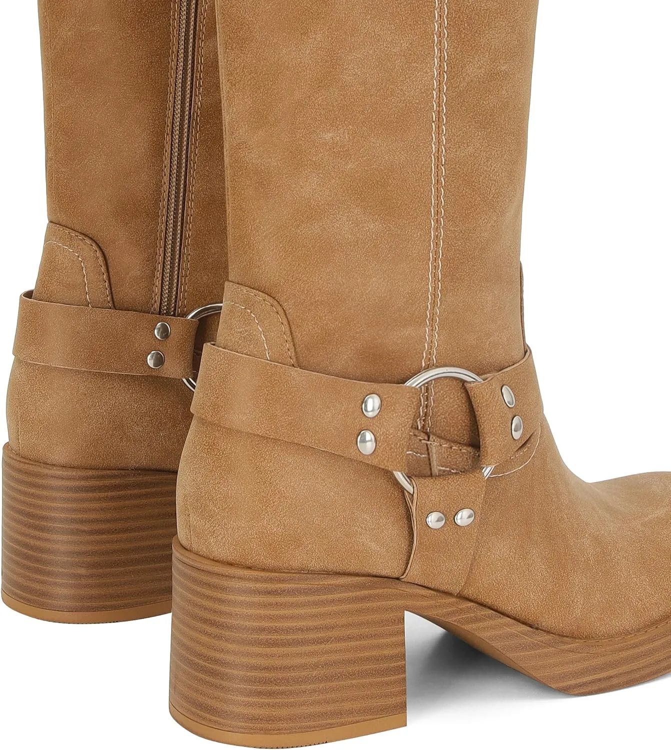 Women's Knee High Riding Boots Round Toe Block Heel Fashion Motorcycle Booties Side Zipper Wide Calf Biker Riding Boots with Studs