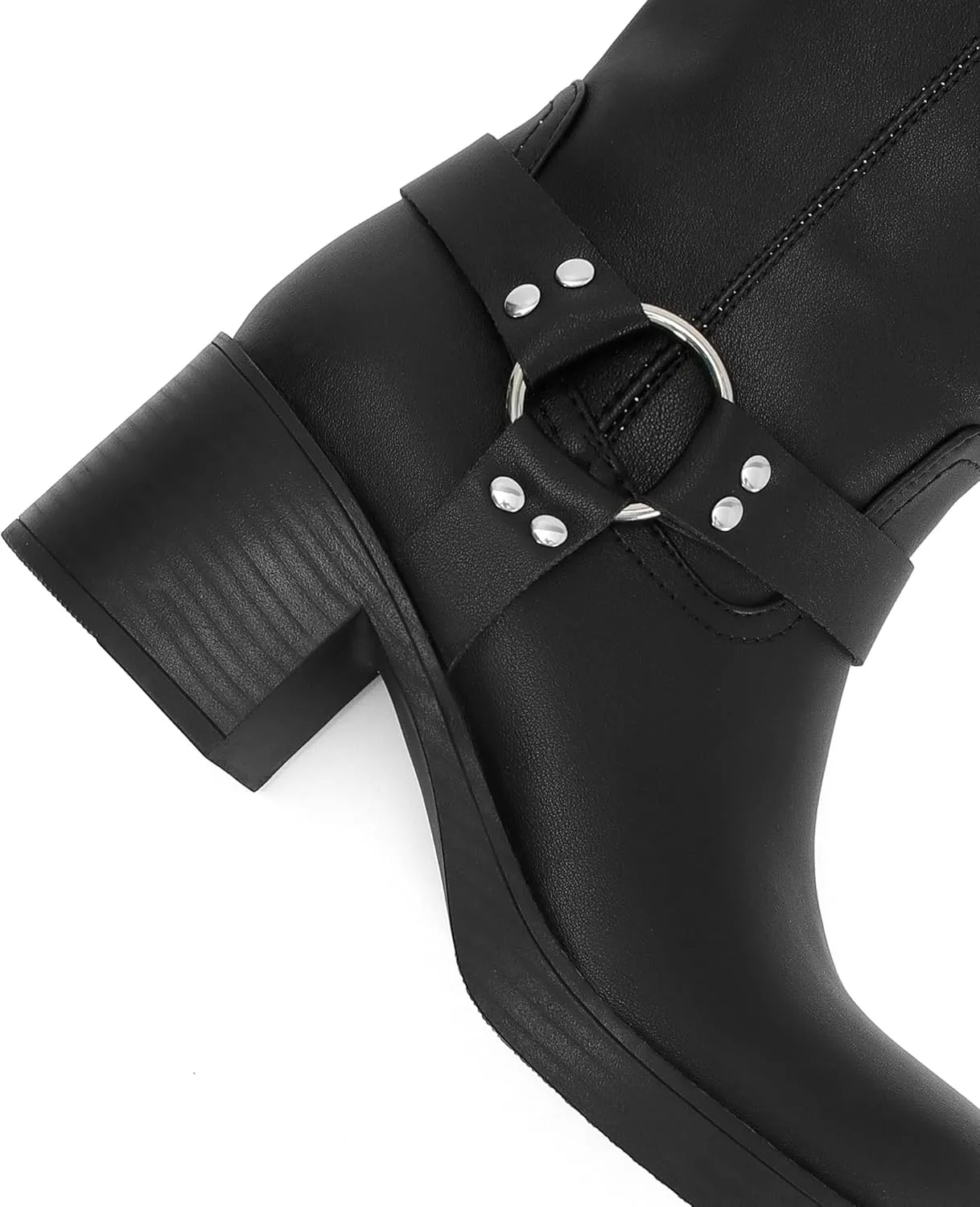 Women's Knee High Riding Boots Round Toe Block Heel Fashion Motorcycle Booties Side Zipper Wide Calf Biker Riding Boots with Studs