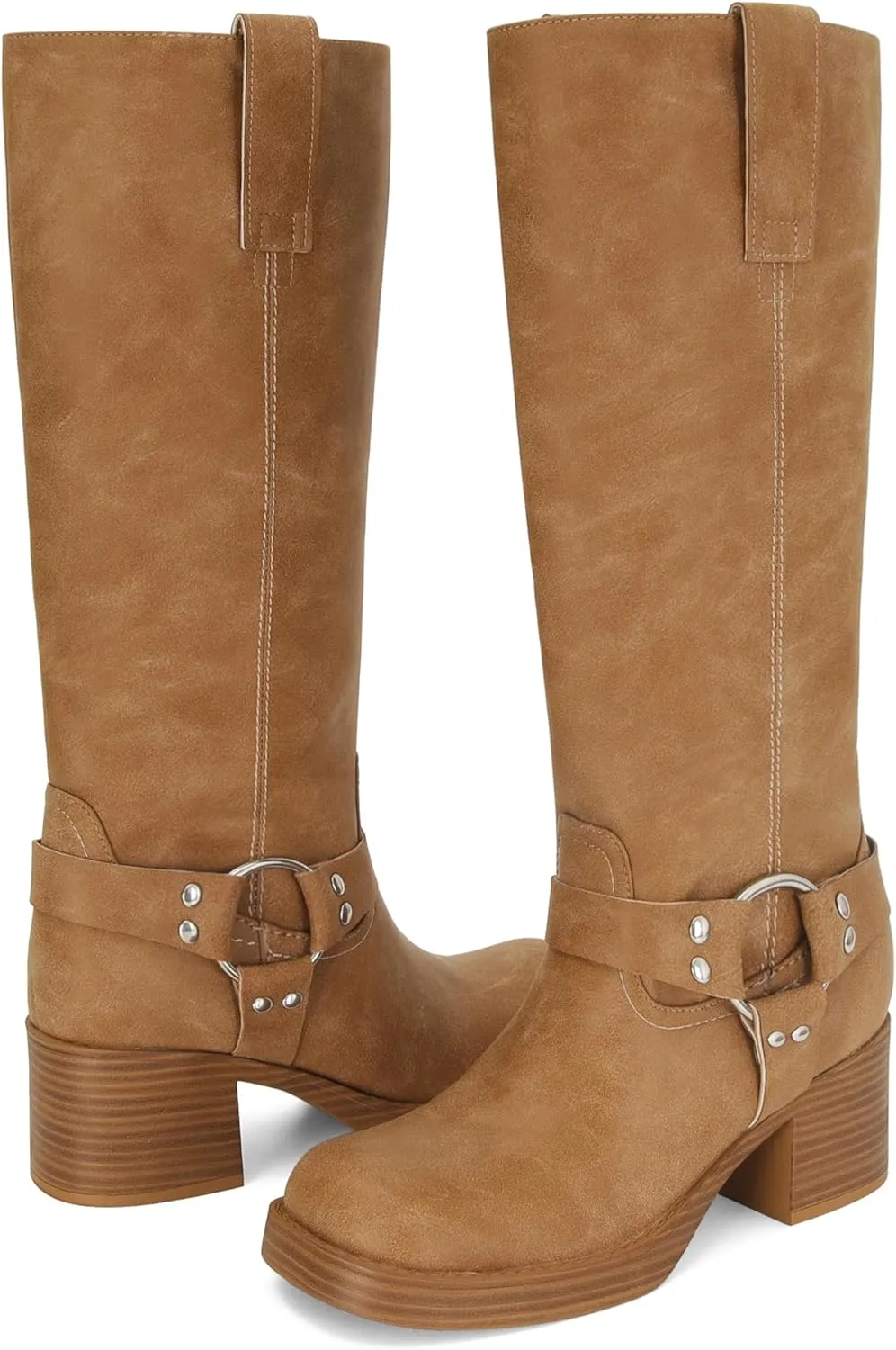 Women's Knee High Riding Boots Round Toe Block Heel Fashion Motorcycle Booties Side Zipper Wide Calf Biker Riding Boots with Studs