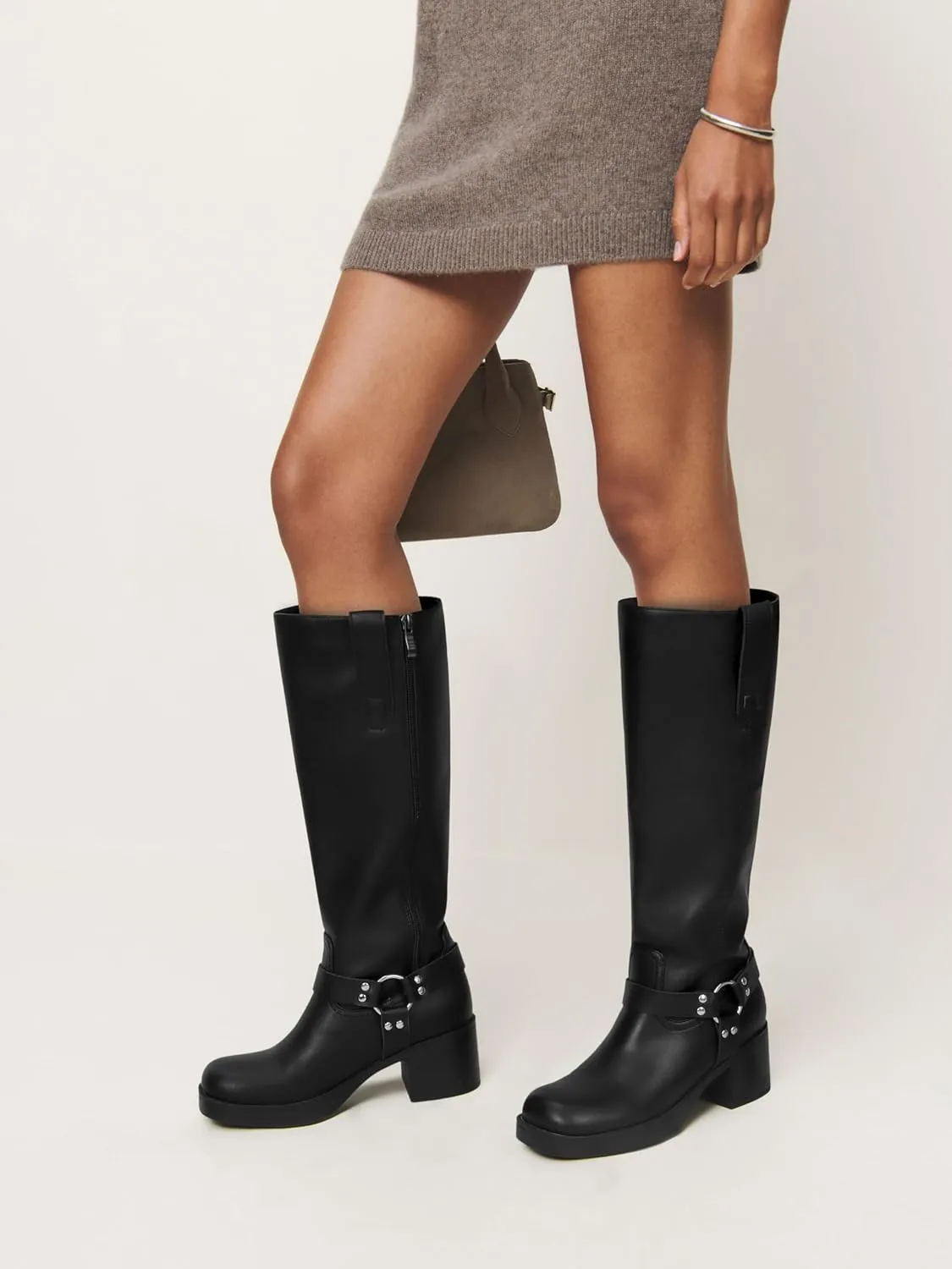 Women's Knee High Riding Boots Round Toe Block Heel Fashion Motorcycle Booties Side Zipper Wide Calf Biker Riding Boots with Studs