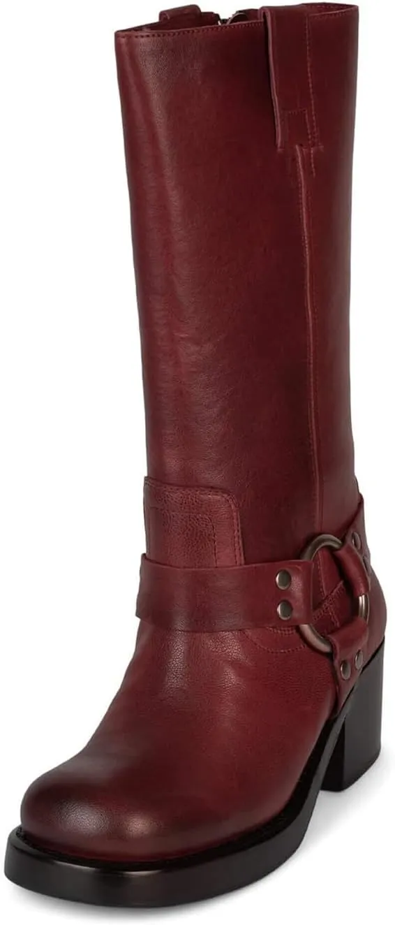 Women's Knee High Riding Boots Round Toe Block Heel Fashion Motorcycle Booties Side Zipper Wide Calf Biker Riding Boots with Studs