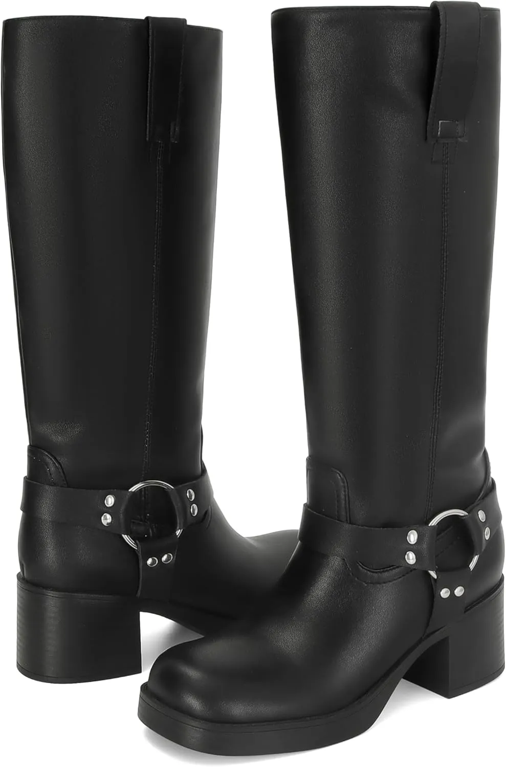 Women's Knee High Riding Boots Round Toe Block Heel Fashion Motorcycle Booties Side Zipper Wide Calf Biker Riding Boots with Studs