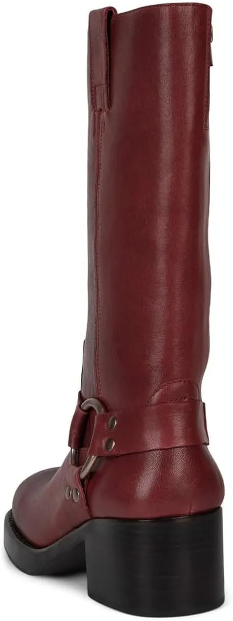 Women's Knee High Riding Boots Round Toe Block Heel Fashion Motorcycle Booties Side Zipper Wide Calf Biker Riding Boots with Studs