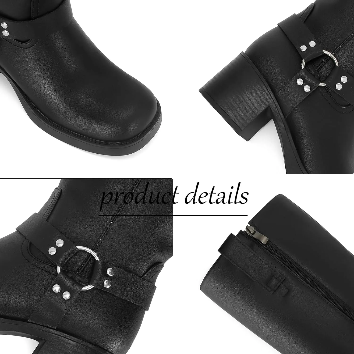 Women's Knee High Riding Boots Round Toe Block Heel Fashion Motorcycle Booties Side Zipper Wide Calf Biker Riding Boots with Studs