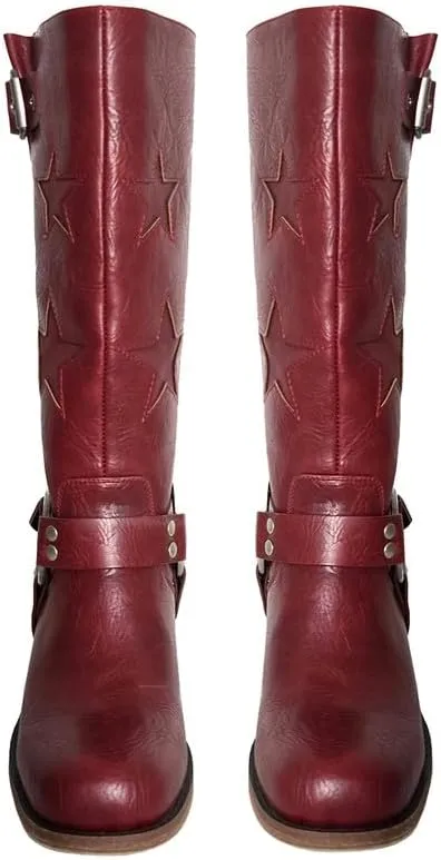 Women's Knee High Riding Boots Square Toe Chunky Block Heel Fashion Buckle Motocycle Biker Boots with Stars