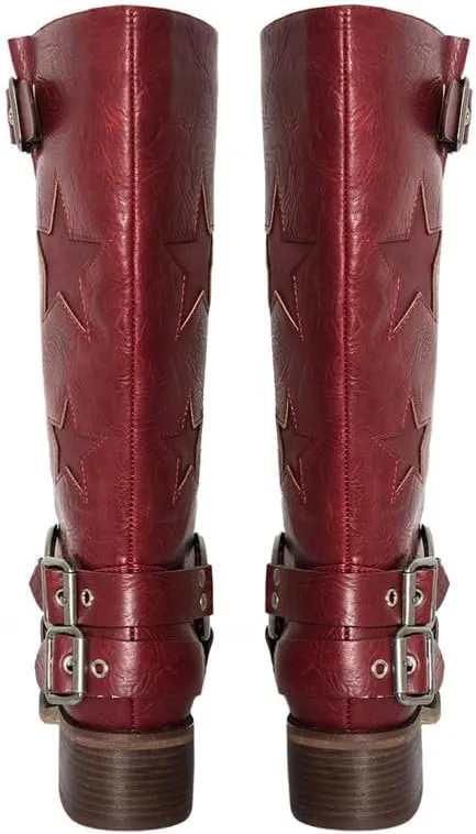 Women's Knee High Riding Boots Square Toe Chunky Block Heel Fashion Buckle Motocycle Biker Boots with Stars