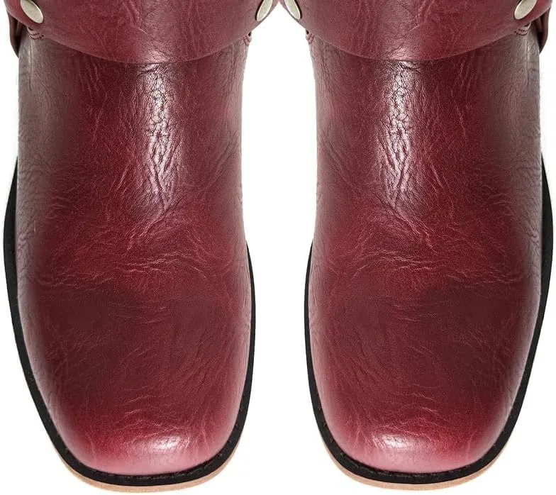 Women's Knee High Riding Boots Square Toe Chunky Block Heel Fashion Buckle Motocycle Biker Boots with Stars