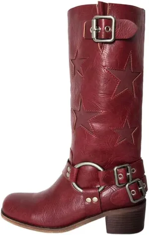 Women's Knee High Riding Boots Square Toe Chunky Block Heel Fashion Buckle Motocycle Biker Boots with Stars
