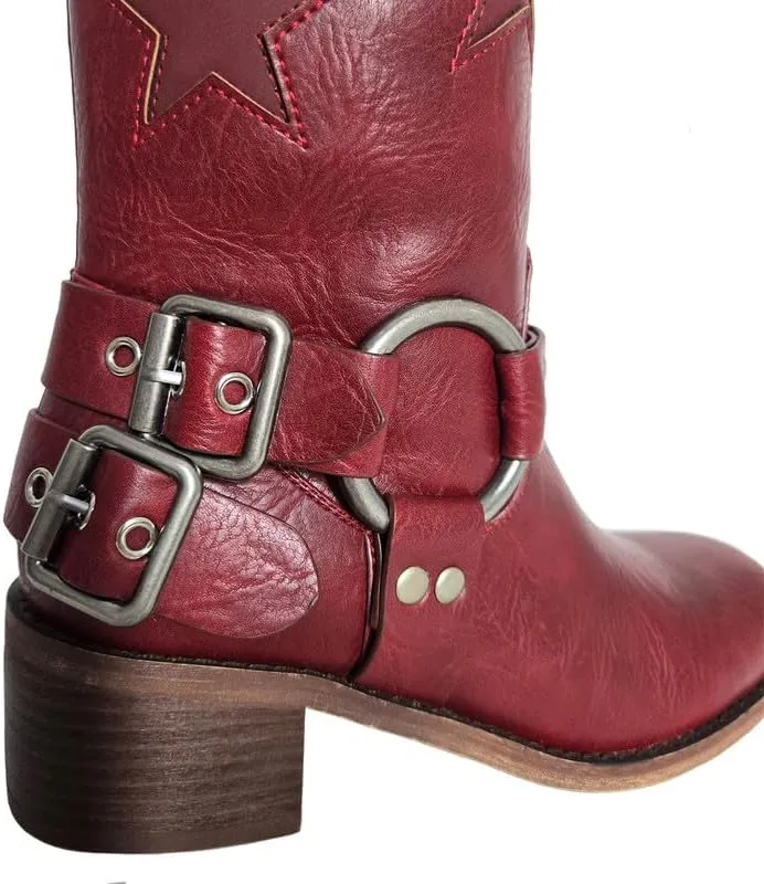 Women's Knee High Riding Boots Square Toe Chunky Block Heel Fashion Buckle Motocycle Biker Boots with Stars