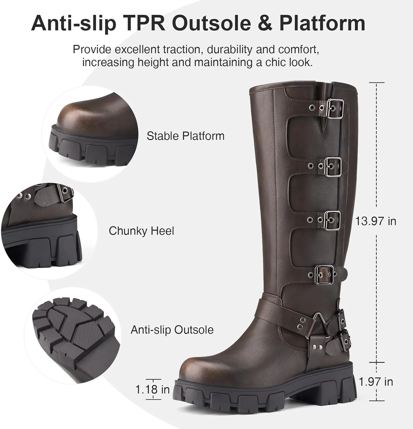 Women's Knee High Riding Boots with Side Zipper - Chunky Platform Motorcycle Boots for Women