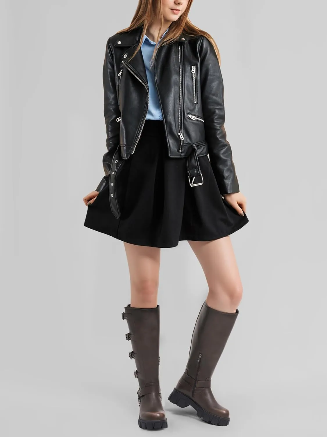 Women's Knee High Riding Boots with Side Zipper - Chunky Platform Motorcycle Boots for Women