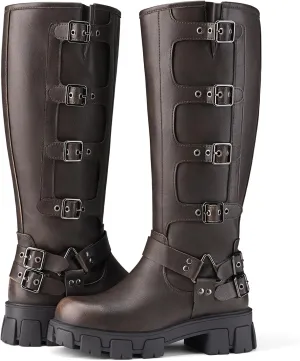 Women's Knee High Riding Boots with Side Zipper - Chunky Platform Motorcycle Boots for Women