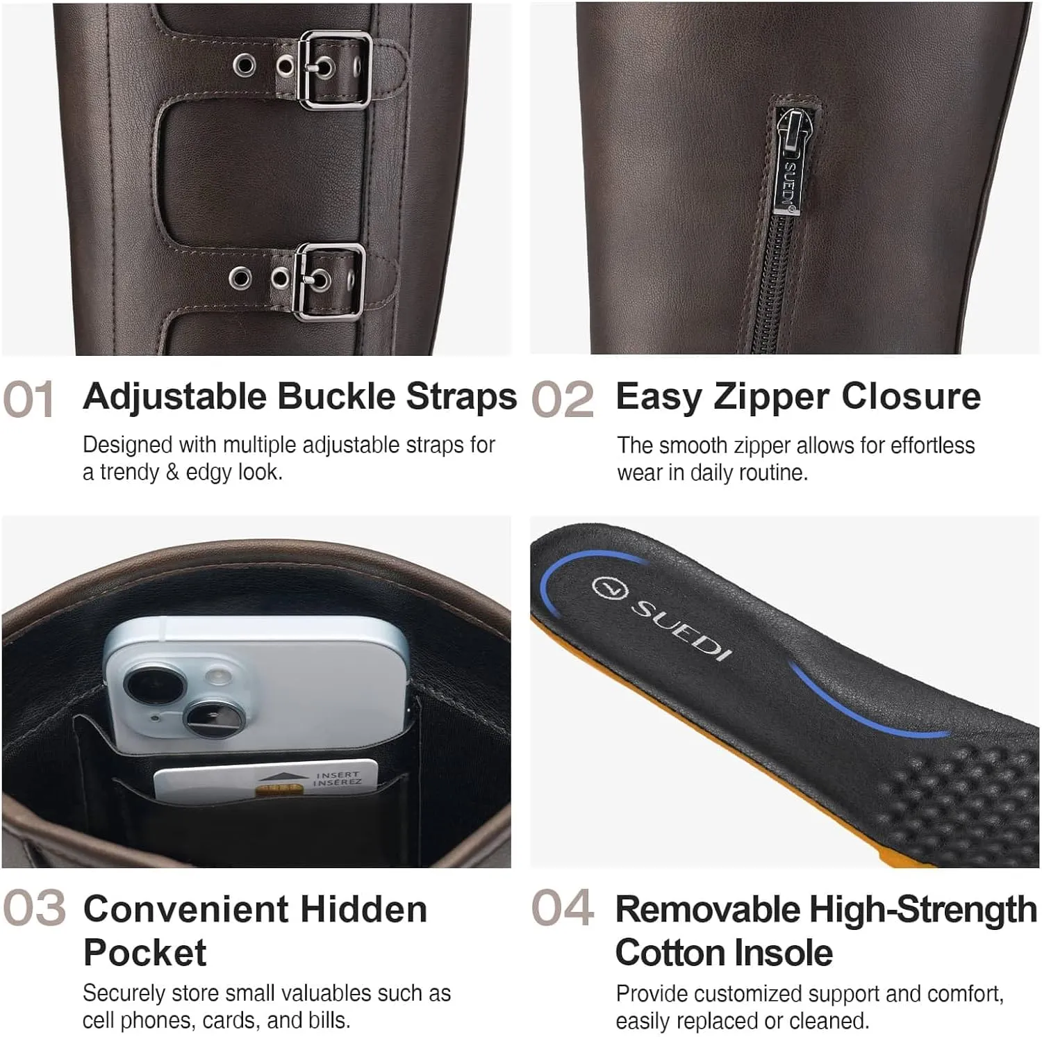 Women's Knee High Riding Boots with Side Zipper - Chunky Platform Motorcycle Boots for Women