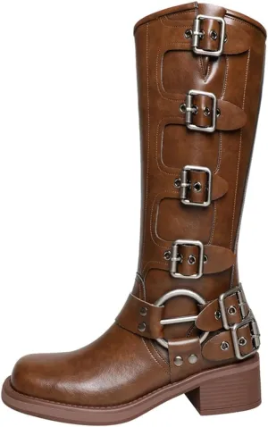 Women's Knee High Western Cowboy Cowgirl Riding Boots with Buckle Strap