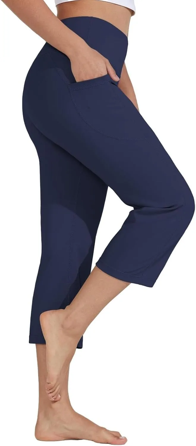 Women's Knee Length Leggings Yoga Capris High Waist Tummy Control Running Athletic Gym Biker Shorts with Pockets