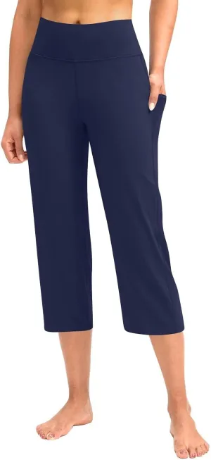 Women's Knee Length Leggings Yoga Capris High Waist Tummy Control Running Athletic Gym Biker Shorts with Pockets