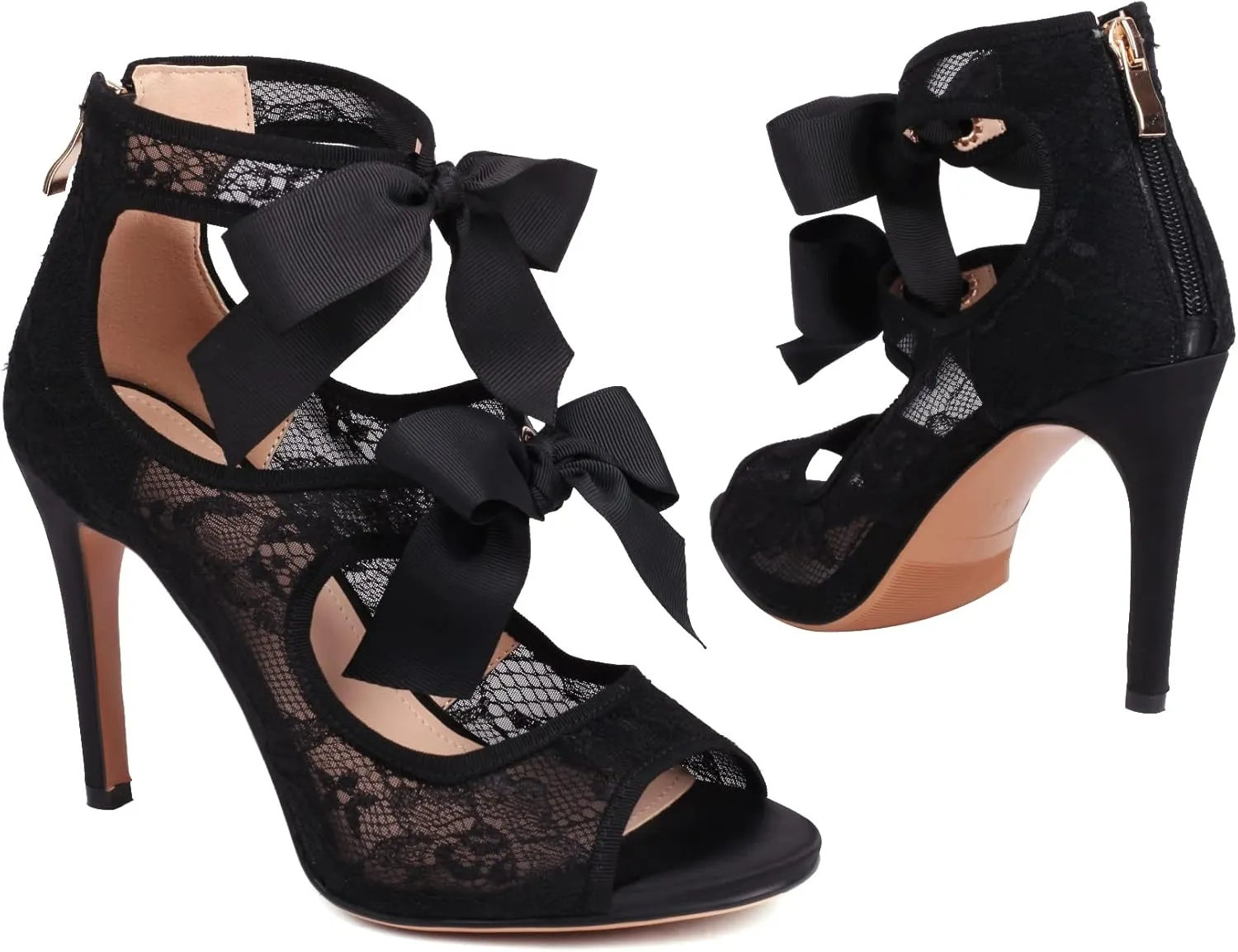 Women's Lace Heels with Bow Adjustable Strappy Peep Toe Party Wedding Sandals with Back Zip