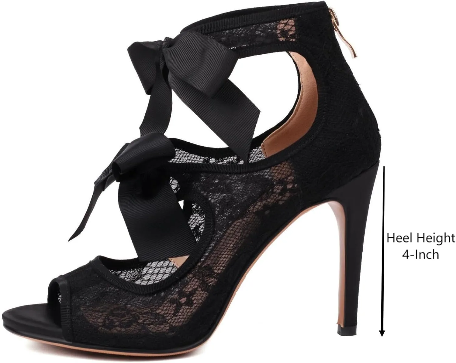 Women's Lace Heels with Bow Adjustable Strappy Peep Toe Party Wedding Sandals with Back Zip