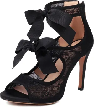 Women's Lace Heels with Bow Adjustable Strappy Peep Toe Party Wedding Sandals with Back Zip