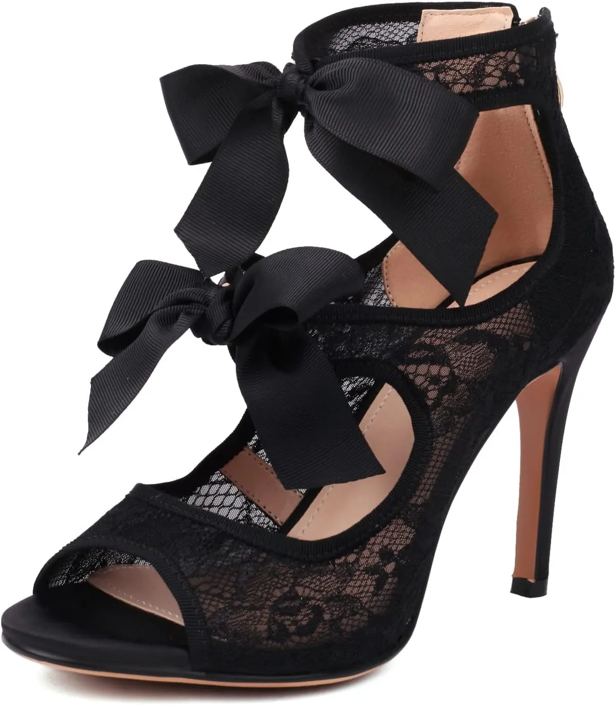Women's Lace Heels with Bow Adjustable Strappy Peep Toe Party Wedding Sandals with Back Zip