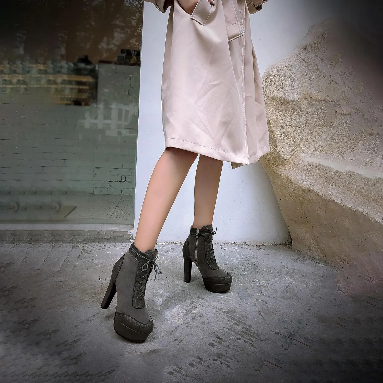 Womens Lace Up High Heel Ankle Boots Platform Booties with Zipper