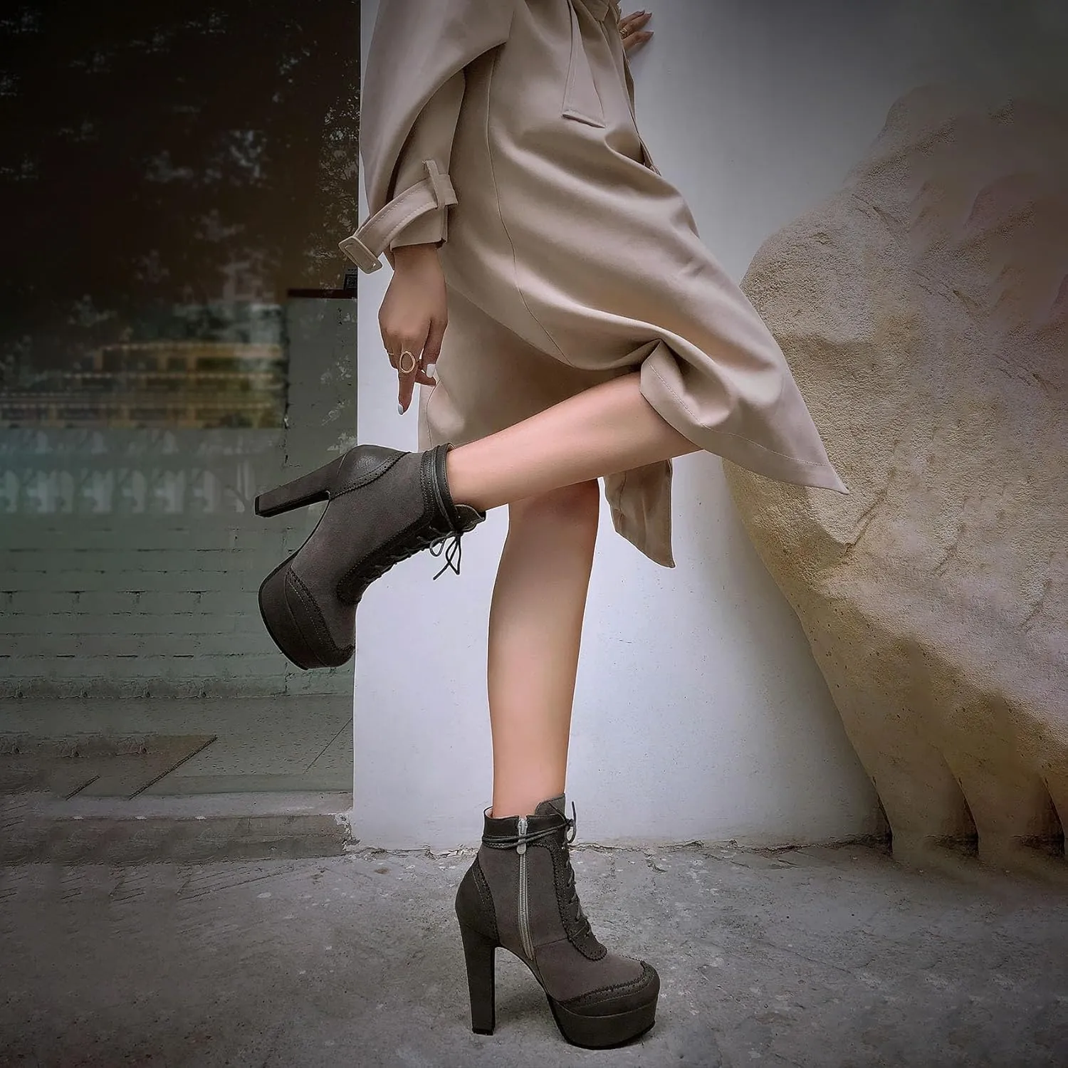 Womens Lace Up High Heel Ankle Boots Platform Booties with Zipper