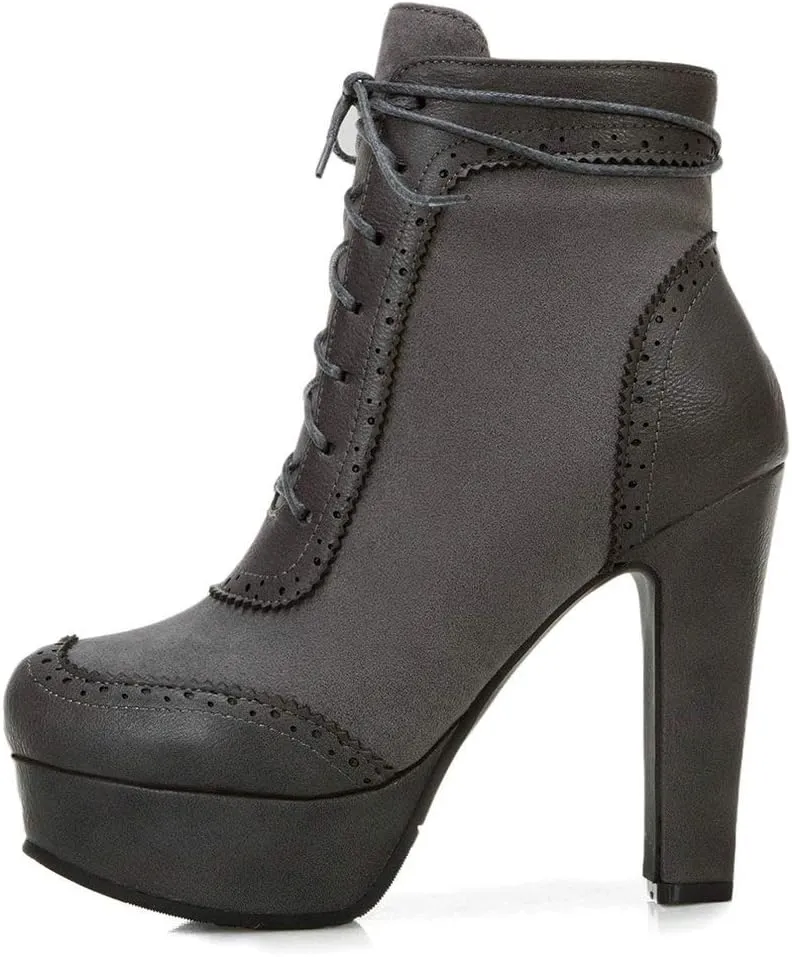 Womens Lace Up High Heel Ankle Boots Platform Booties with Zipper
