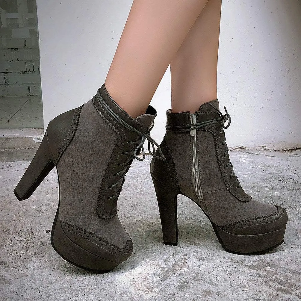 Womens Lace Up High Heel Ankle Boots Platform Booties with Zipper