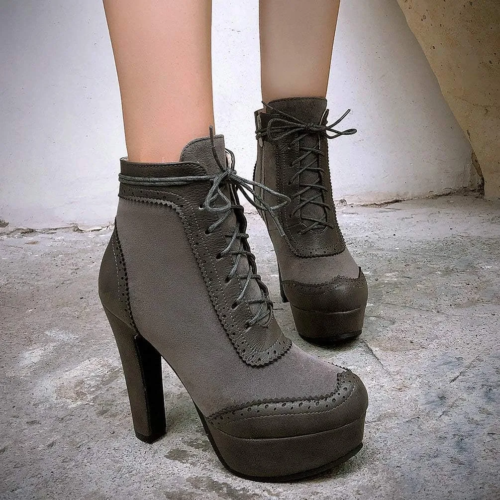Womens Lace Up High Heel Ankle Boots Platform Booties with Zipper