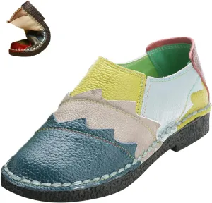 Women's Leather Colorblock Slip-on Casual Shoes,Vintage Comfy Hand-Stitching Non-Slip Softsole Walking Flat Loafers