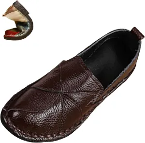 Women's Leather Colorblock Slip-on Flat Shoes,Vintage Comfy Hand-Stitching Softsole Driving Walking Casual Loafers