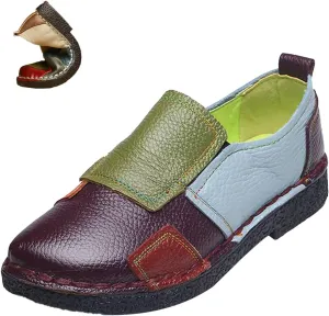 Women's Leather Colorblock Slip-on Flat Shoes,Vintage Comfy Hand-Stitching Softsole Driving Walking Casual Loafers