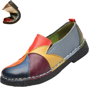 Women's Leather Colorblock Slip-on Flat Shoes,Vintage Comfy Hand-Stitching Softsole Driving Walking Casual Loafers