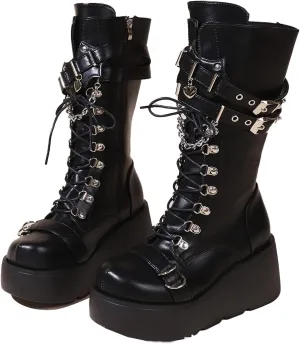 Women's Leather Lace-Up Wedge Gothic Ankle Boots Fashion Round Toe with buckle zipper Platform Punk Mid Calf Boots for Parties Riding Motorcycle Boots