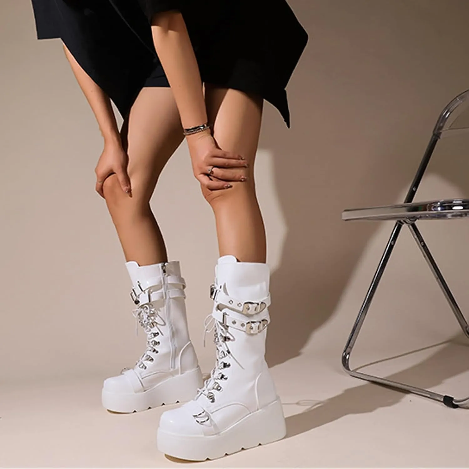 Women's Leather Lace-Up Wedge Gothic Ankle Boots Fashion Round Toe with buckle zipper Platform Punk Mid Calf Boots for Parties Riding Motorcycle Boots