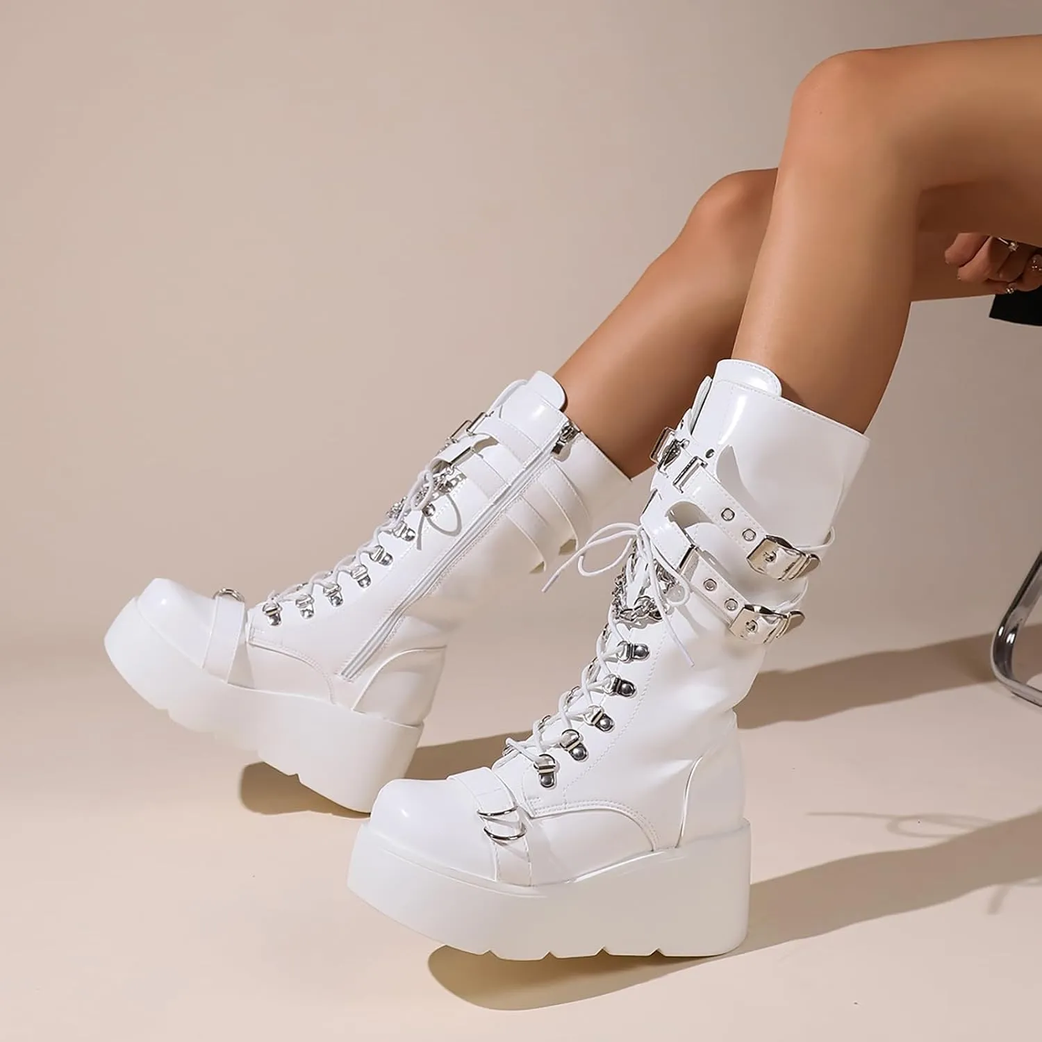 Women's Leather Lace-Up Wedge Gothic Ankle Boots Fashion Round Toe with buckle zipper Platform Punk Mid Calf Boots for Parties Riding Motorcycle Boots