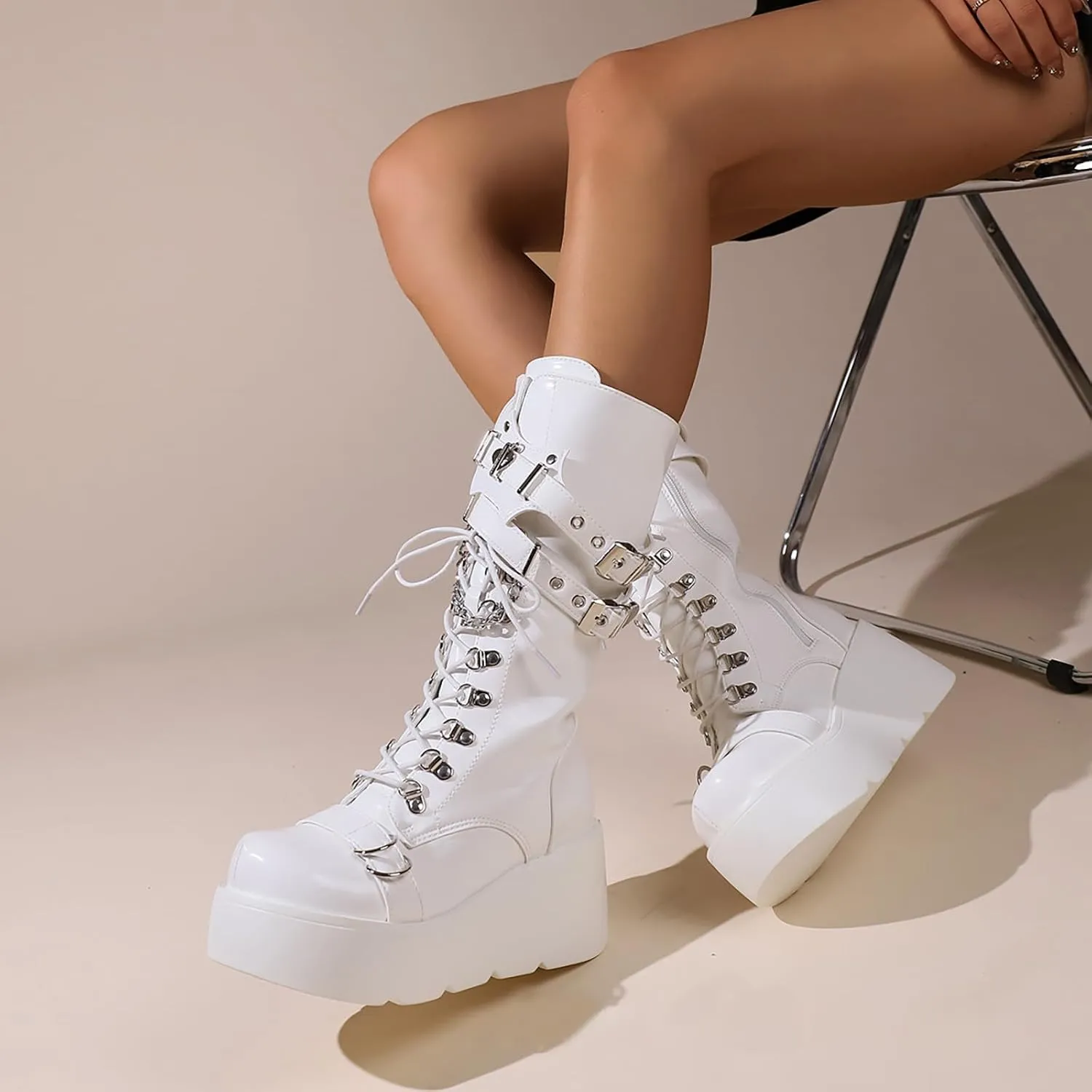 Women's Leather Lace-Up Wedge Gothic Ankle Boots Fashion Round Toe with buckle zipper Platform Punk Mid Calf Boots for Parties Riding Motorcycle Boots