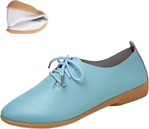 Women's Leather Pointed Toe Casual Flat Shoes,Lightweight Comfort Lace-up Non Slip Softsole Oxford Dress Loafers